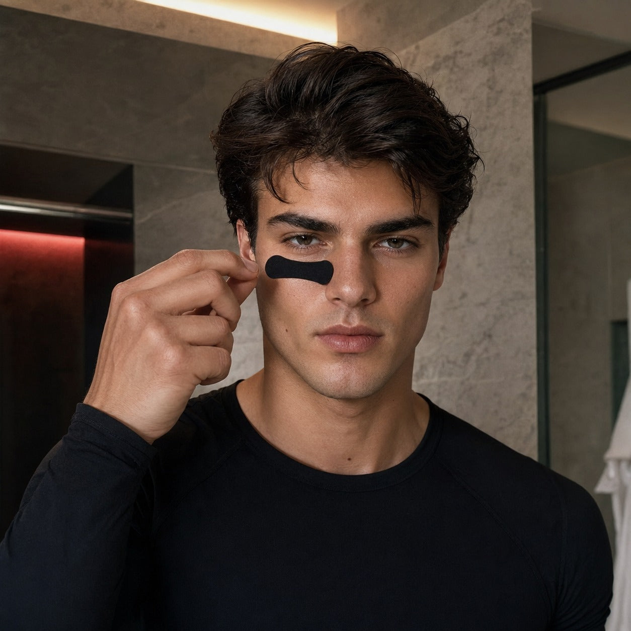 AscendLab Nose Strips — młody mężczyzna pokazujący pasek przed aplikacją